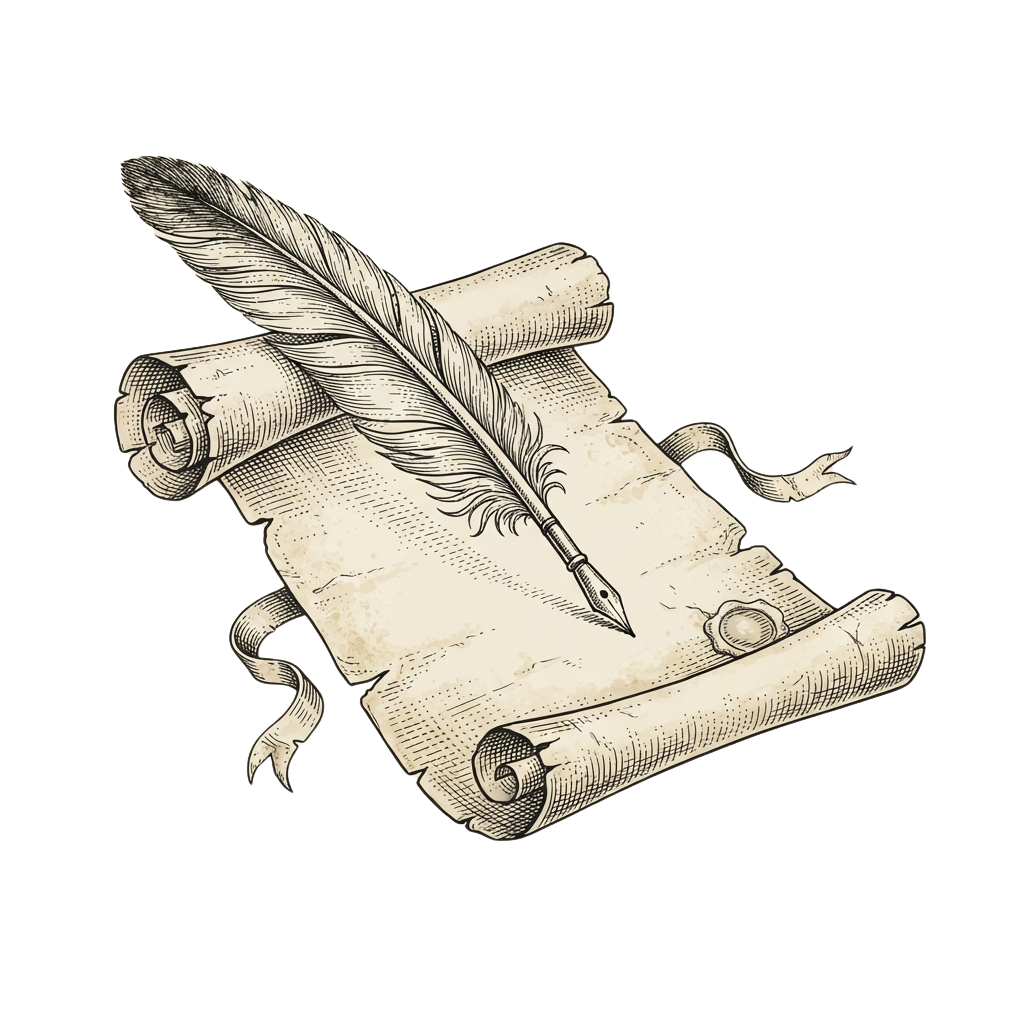A quill pen on an unrolled parchment scroll