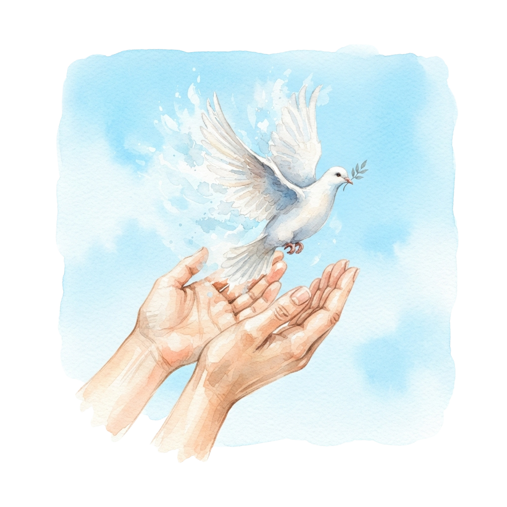 Two hands cupped together releasing a white dove with an olive branch