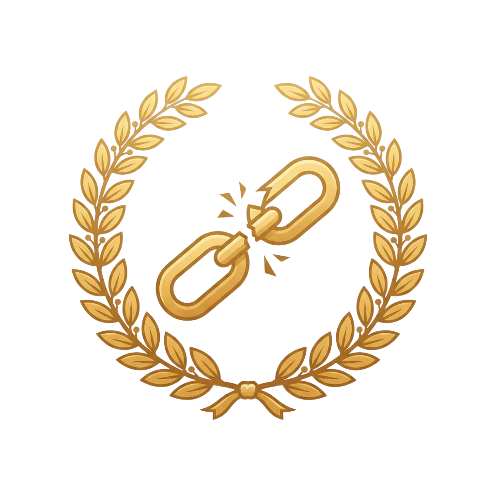 Golden broken chain link surrounded by laurel wreath on black background