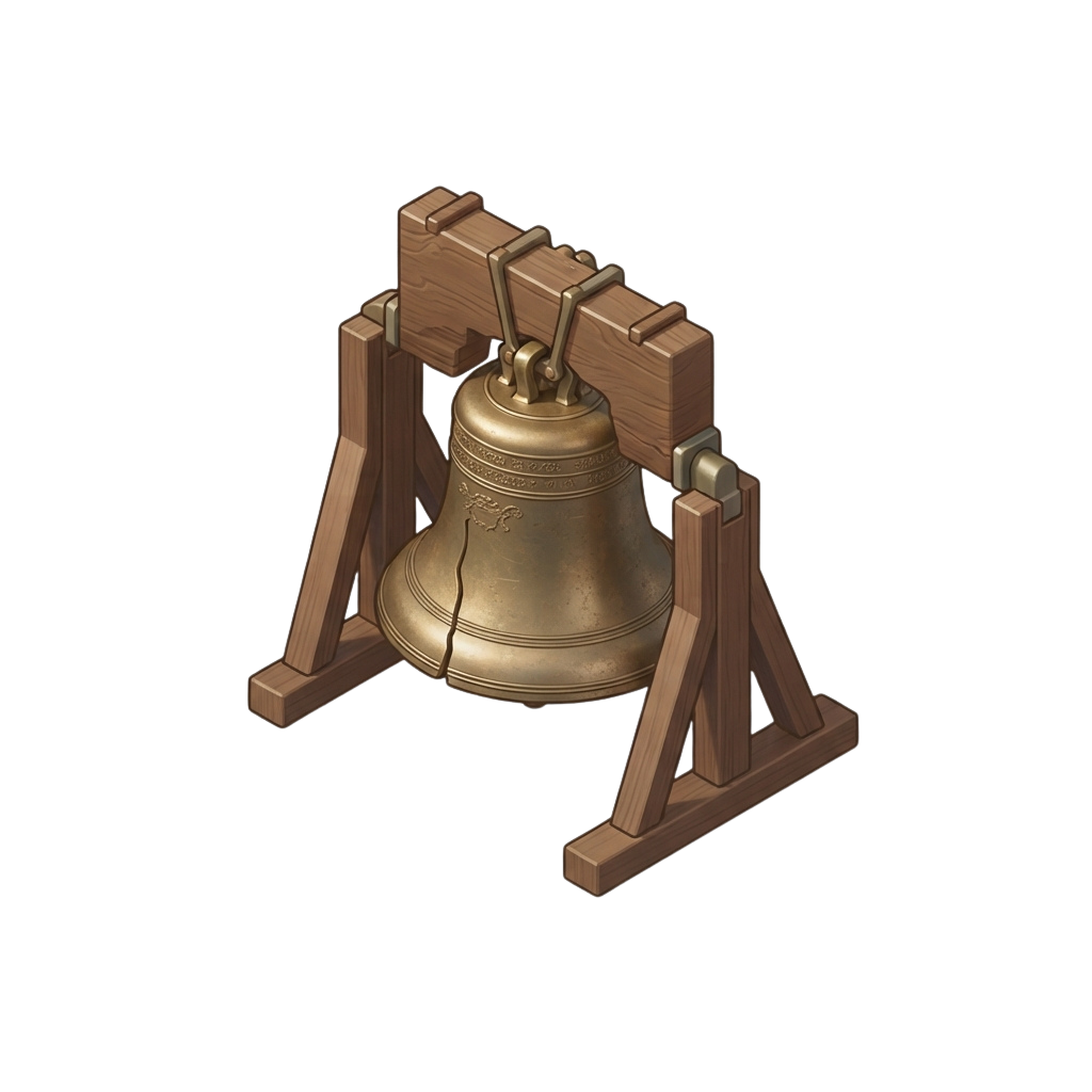 A bronze bell with a crack sits on a wooden stand