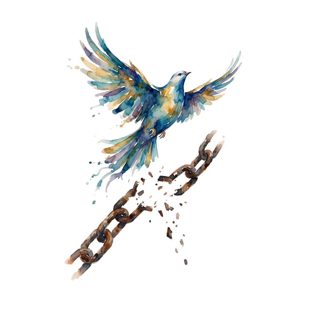 A colorful bird with blue, yellow, and purple feathers flies away from a broken chain