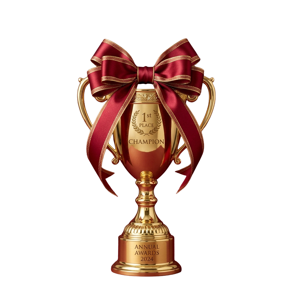 Gold trophy with red ribbon bow labeled 1st place champion for annual awards 2024