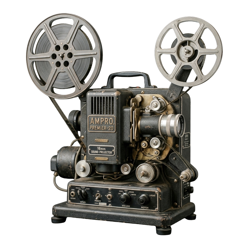 Vintage film projector with two film reels and various control knobs on a black base