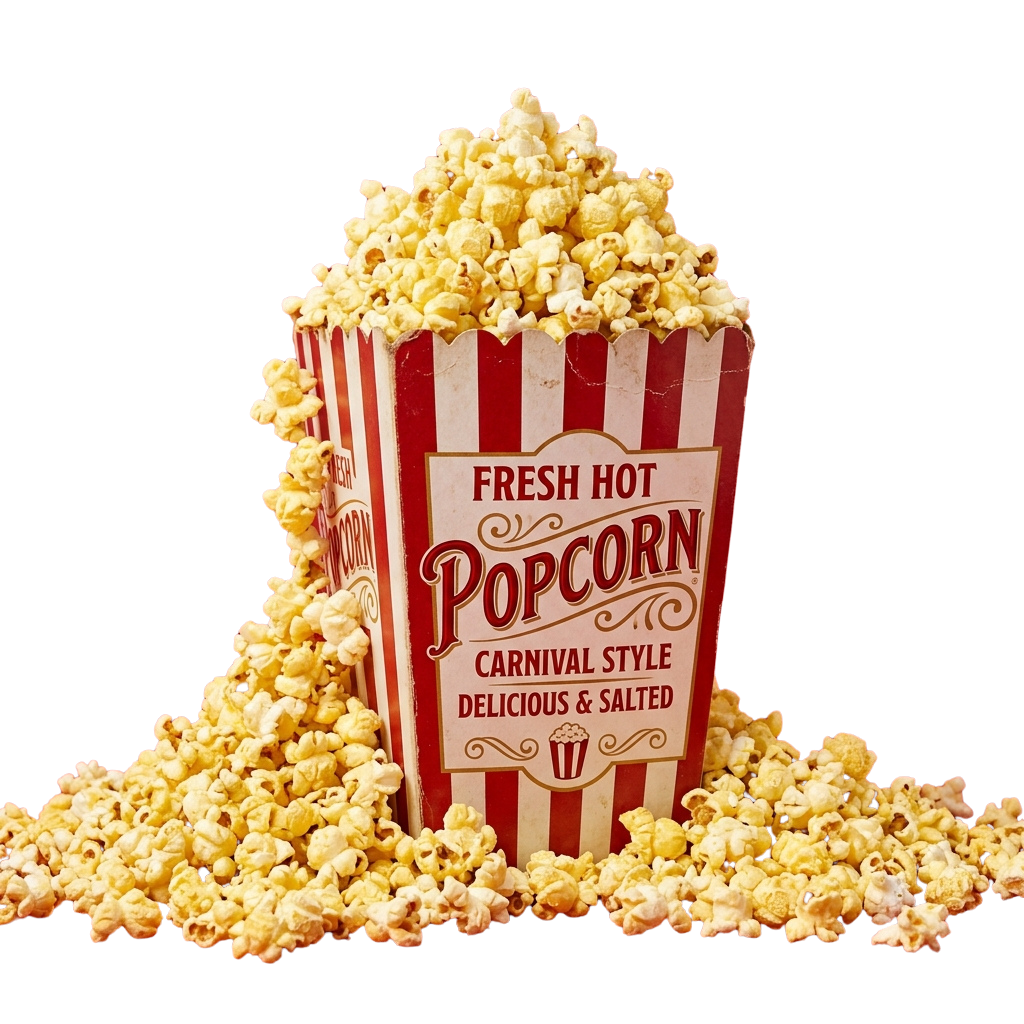 A large bucket filled with fresh hot popcorn spilling out onto a black background