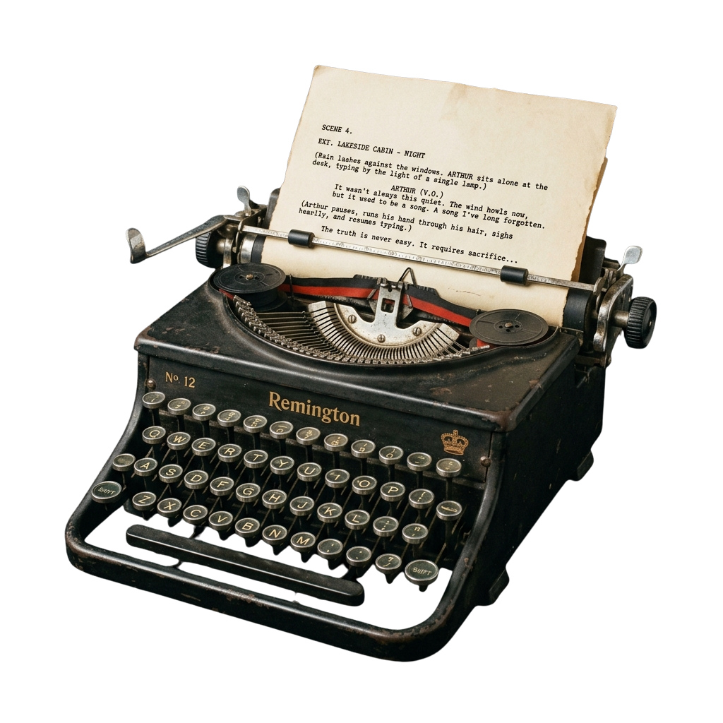 Black vintage typewriter with paper showing a handwritten script scene about rain and typing