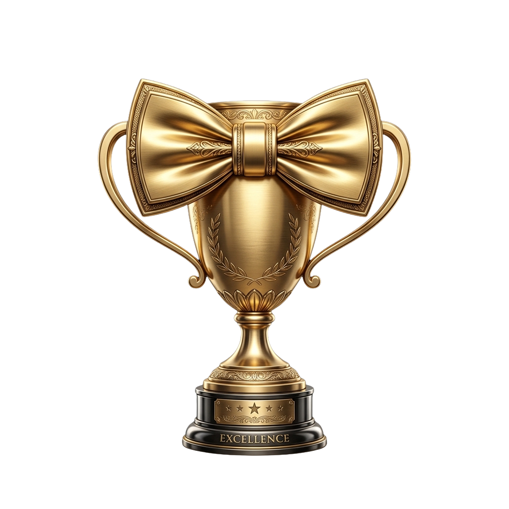 A shiny gold trophy with a large decorative bow on top and the word excellence engraved on the base