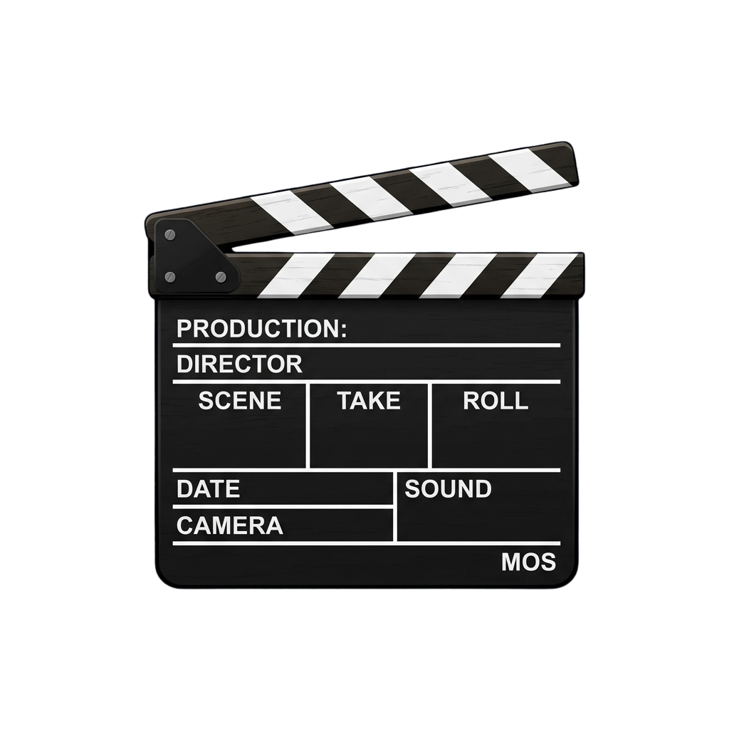 Black and white clapperboard with labels for production details like director, scene, take, roll, date, sound, camera, and MOS