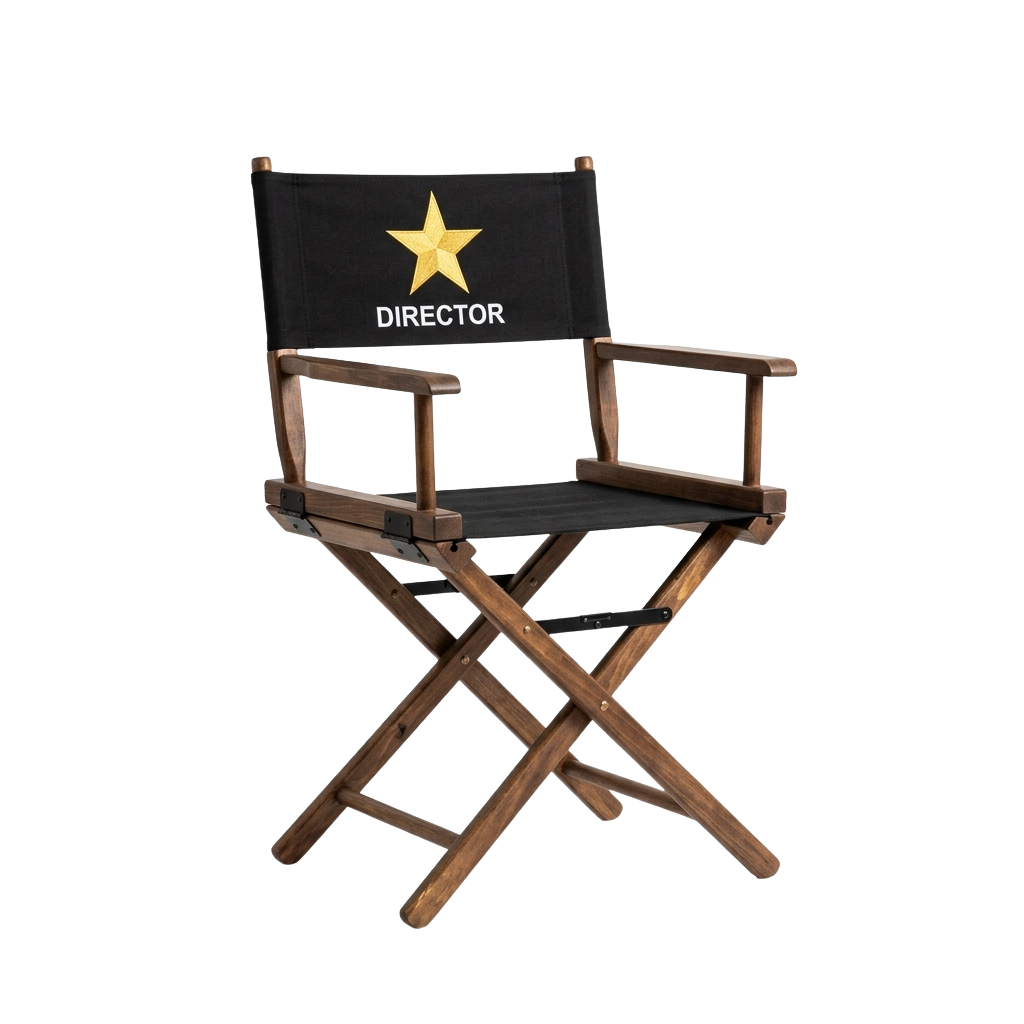 Folding director chair with black fabric backrest featuring a yellow star and the word DIRECTOR in white letters