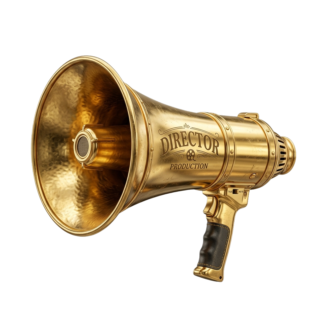 A golden megaphone labeled Director Production with a black handle against a black background