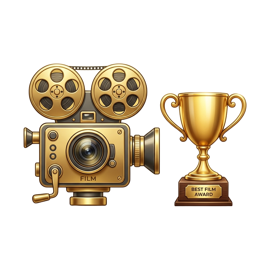 A golden film camera with reels and a trophy labeled Best Film Award on a black background
