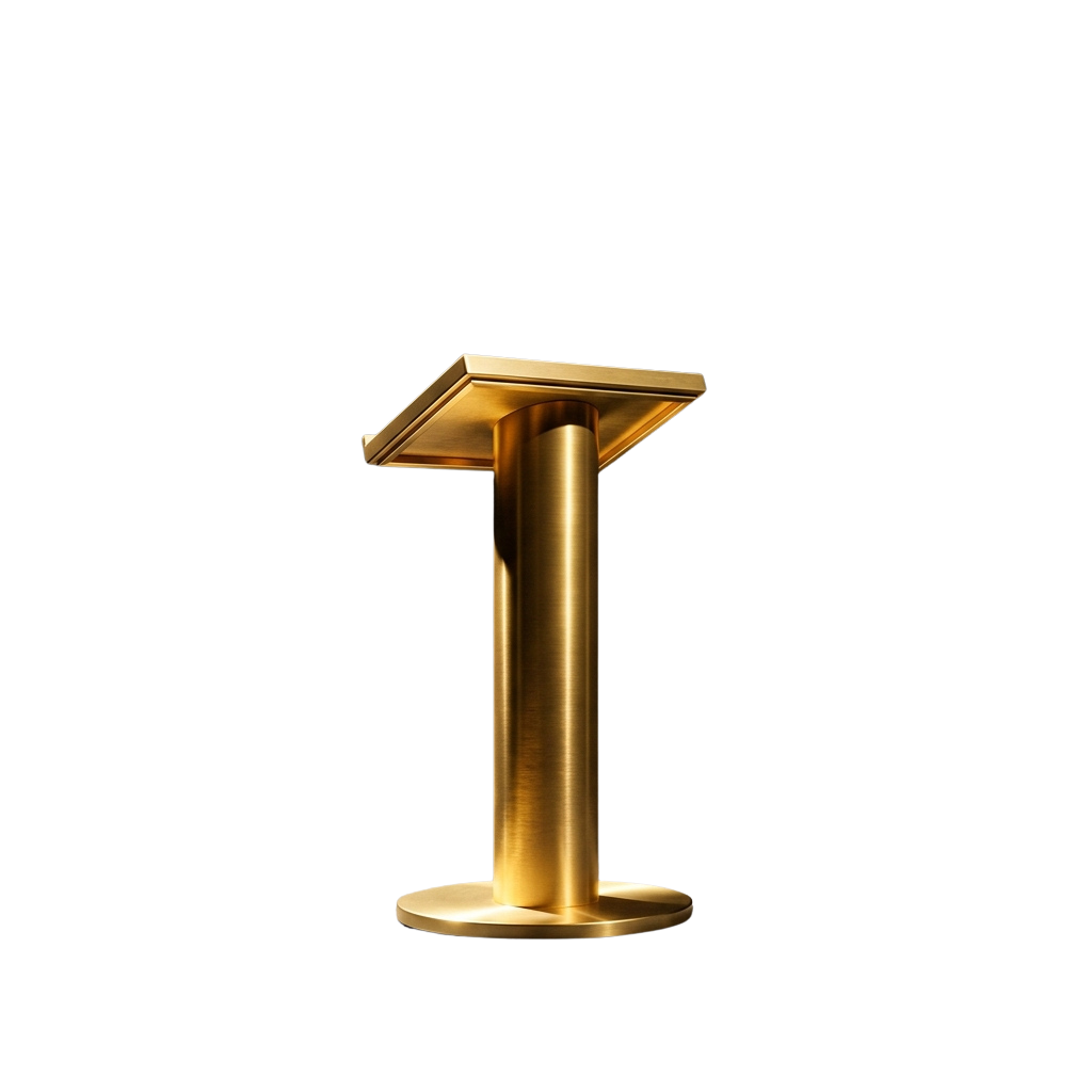 A sleek gold-colored podium lectern with a flat top and cylindrical base on a dark background
