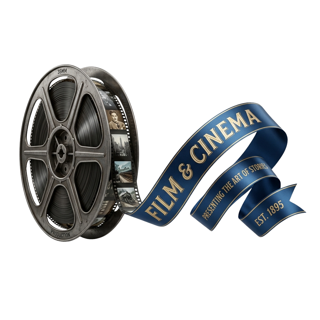 A vintage film reel with a blue ribbon displaying Film and Cinema text and the year 1895