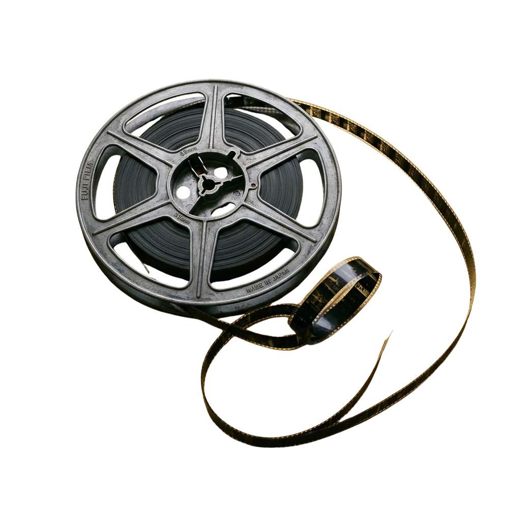 A vintage metal film reel with a strip of old movie film partially unspooled