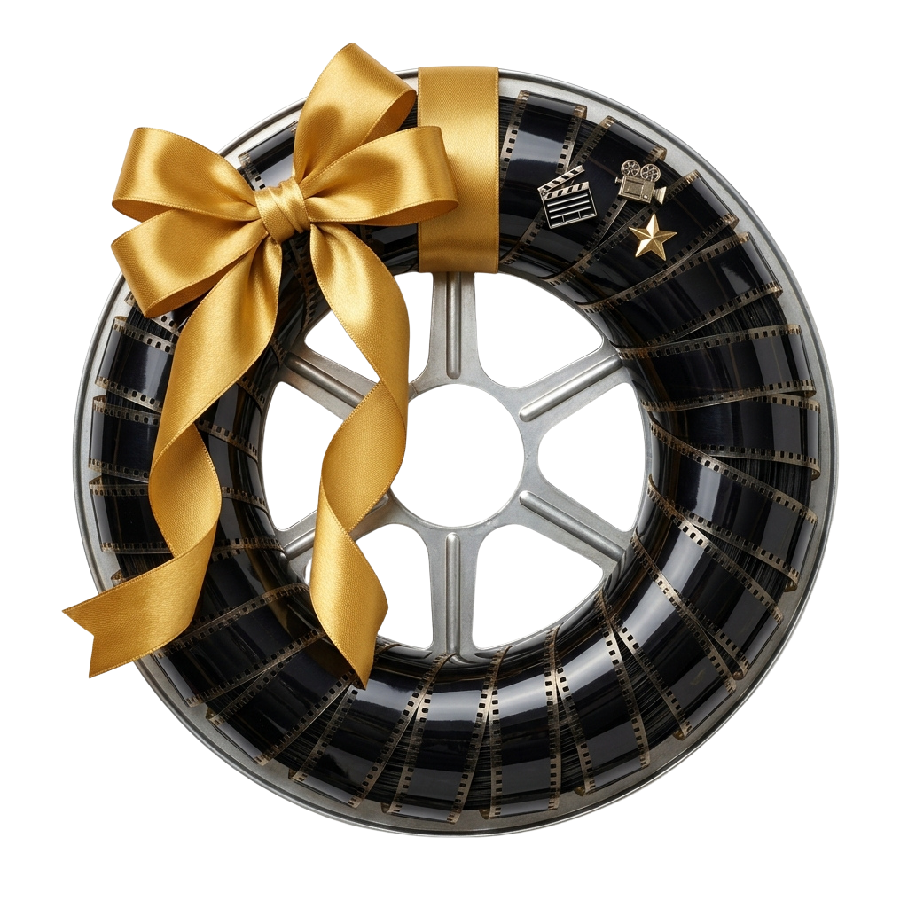 Film reel with golden ribbon bow and film-related icons