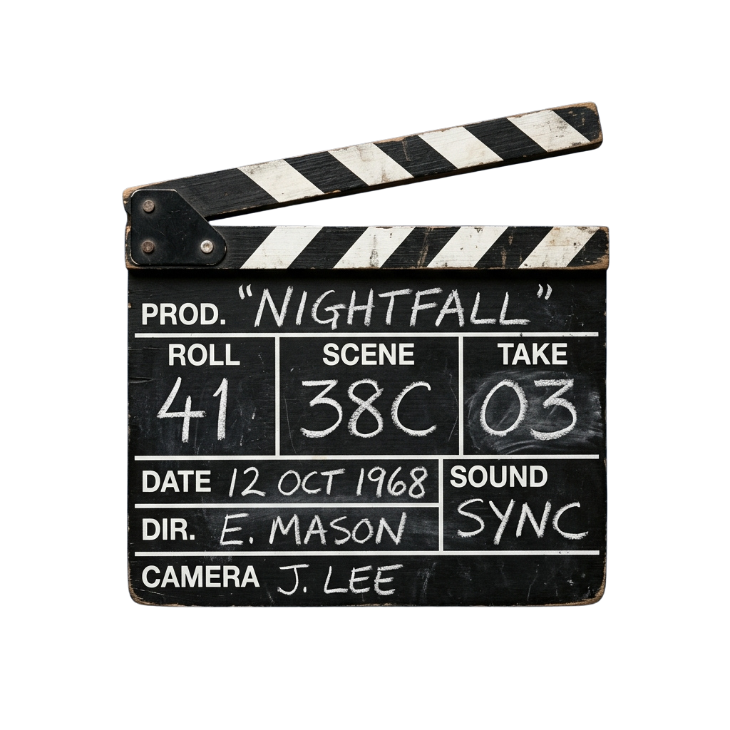 Black and white clapperboard labeled Nightfall with roll, scene, take, date, director, and camera details