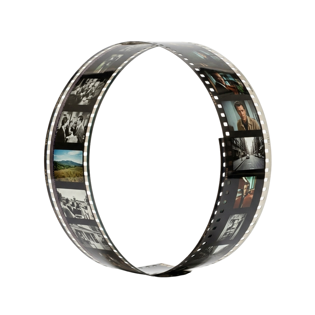 A circular film strip with various scenes including landscapes, portraits, and city views