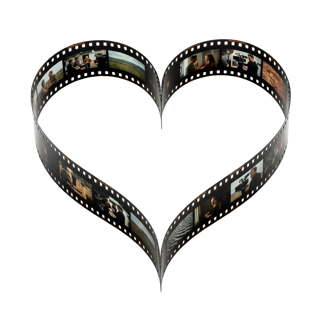 Heart-shaped filmstrip showing various scenes of people together