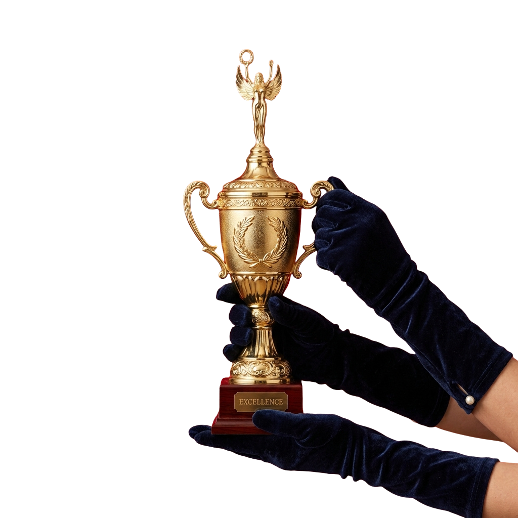 A gloved hand holding a large golden trophy with a phoenix emblem and laurel designs on a red base labeled Excellence