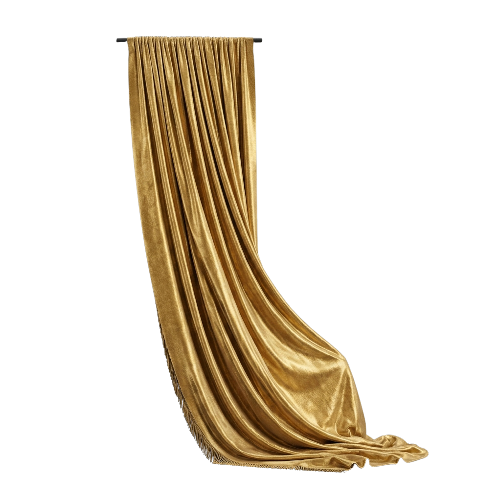 A long, flowing gold metallic fabric curtain draped gracefully against a black background