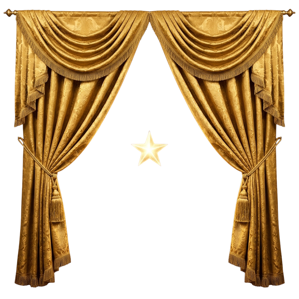 Two gold velvet curtains tied back to reveal a glowing star on a black background