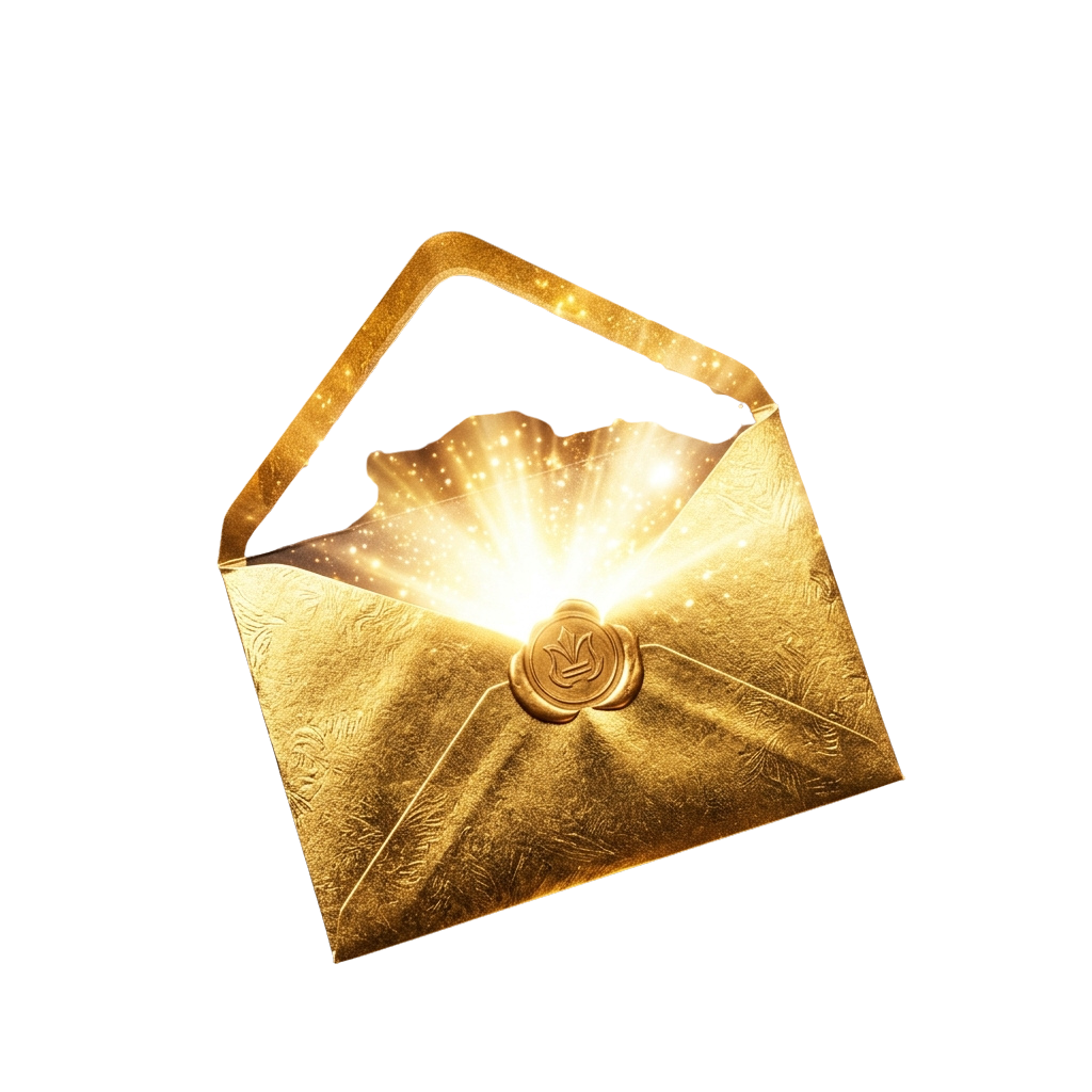 A golden decorative envelope emitting a bright light and surrounded by sparkles