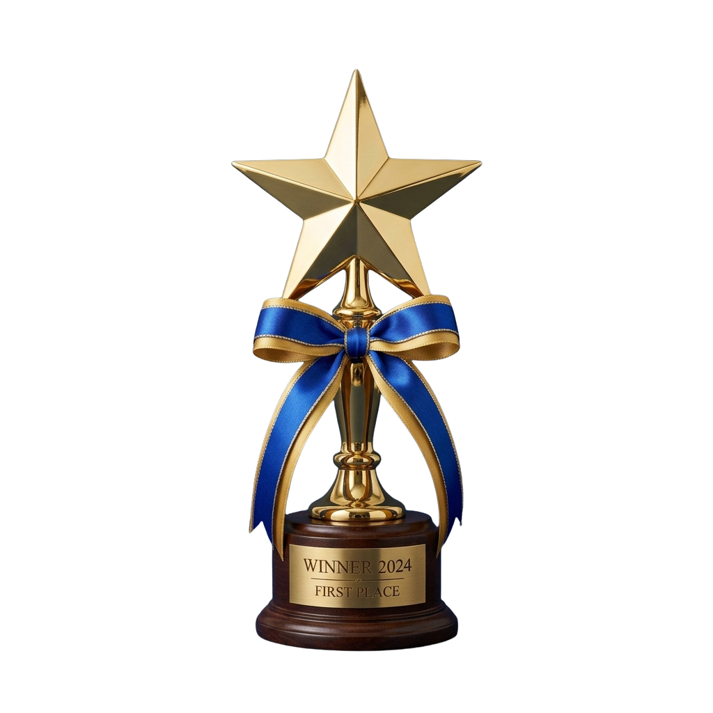 A golden star-shaped trophy with blue ribbon on a dark background, labeled Winner 2024 First Place