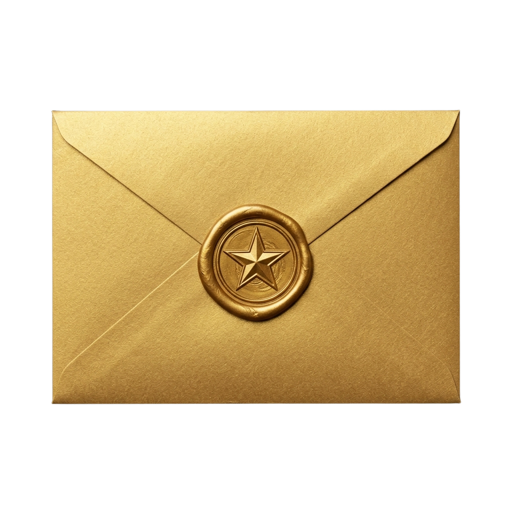 A beige envelope sealed with a gold wax stamp featuring a star design