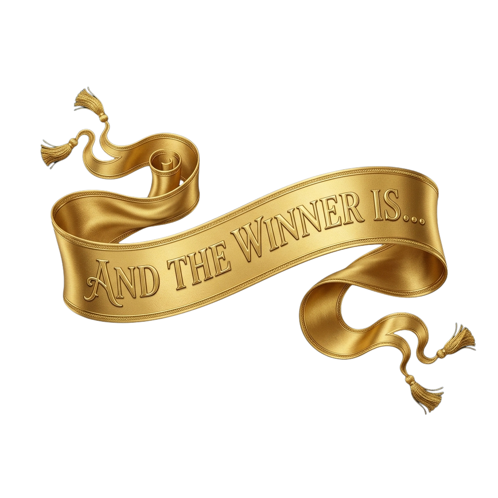 A golden ribbon with text reading And the winner is on a black background