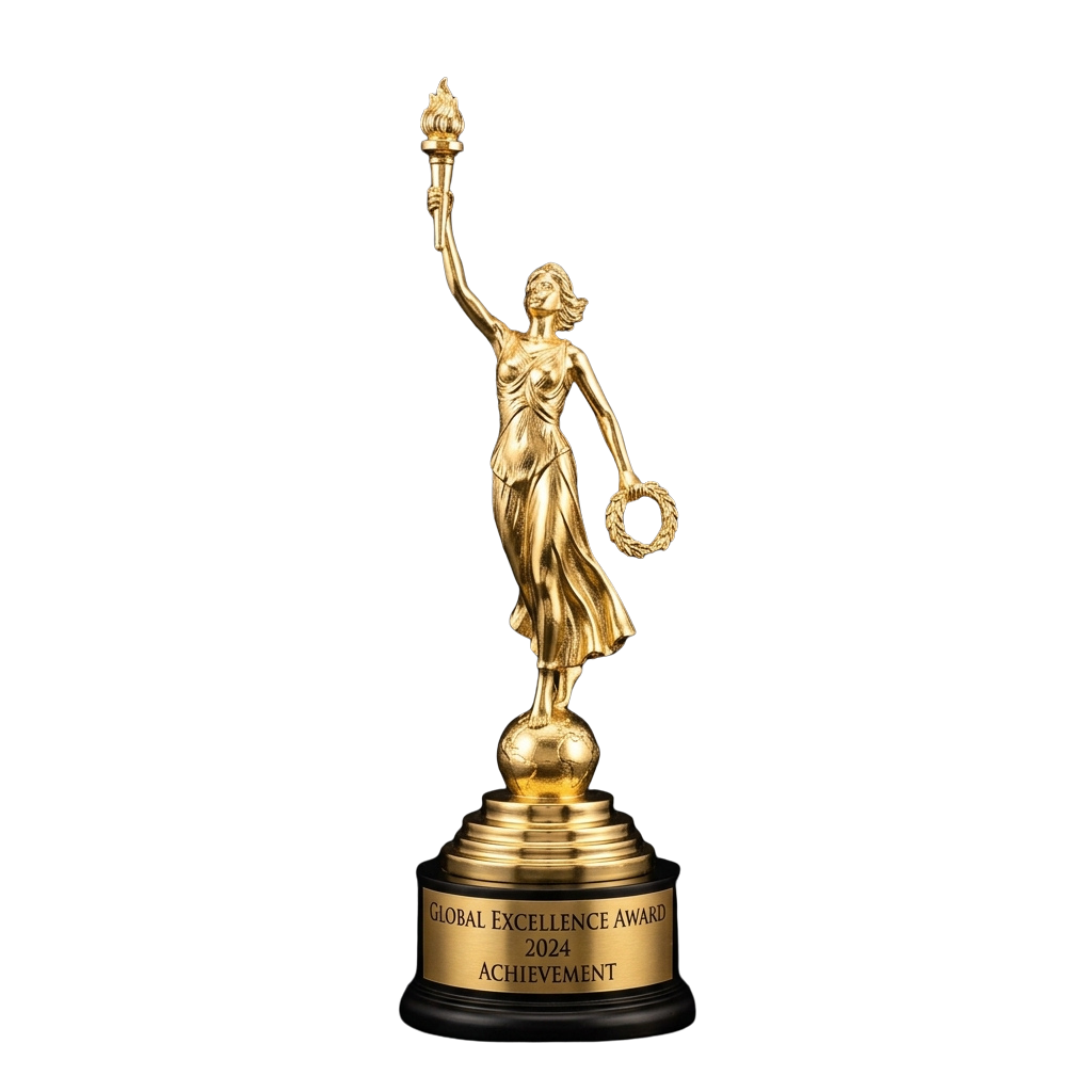 Golden statue trophy featuring a robed figure holding a torch and wreath on a base with Global Excellence Award 2024 text
