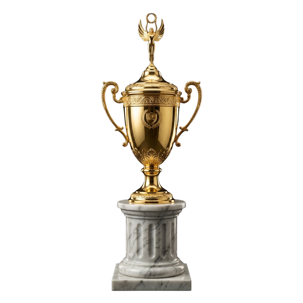 A golden trophy with ornate handles and an eagle figure on top, placed on a marble pedestal.
