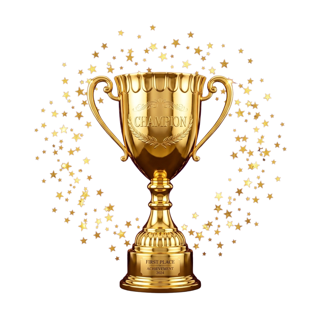 A shiny gold trophy labeled Champion surrounded by golden stars on a dark background
