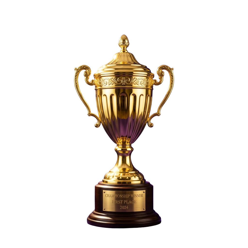 A golden trophy with two handles and a wide base, labeled Championship Winner First Place 2024