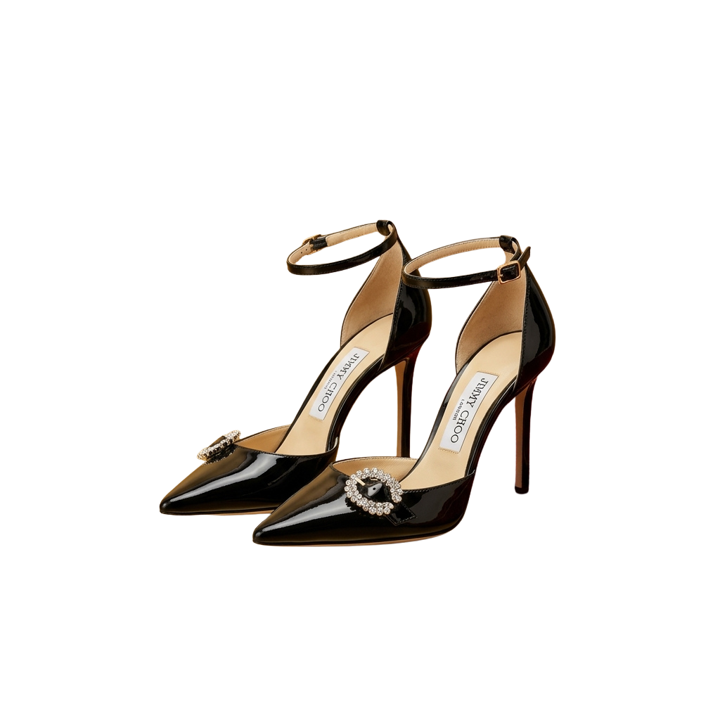 Black high-heeled ankle strap shoes with decorative rhinestone embellishments on the toe and strap