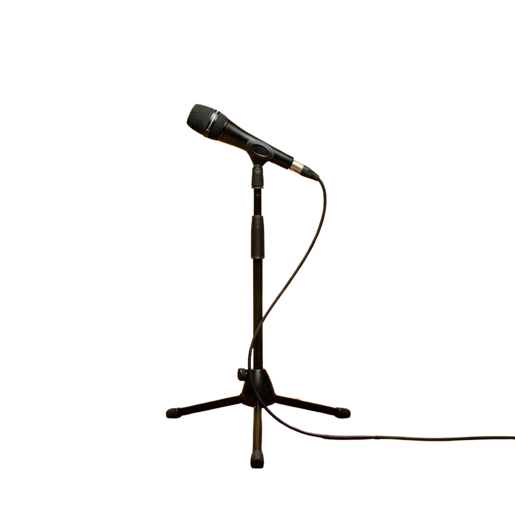 A black microphone mounted on a height-adjustable stand against a dark background