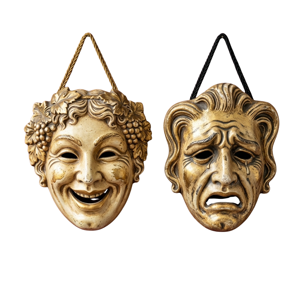 Two classical comedy and tragedy masks hanging side by side with ropes against a black background