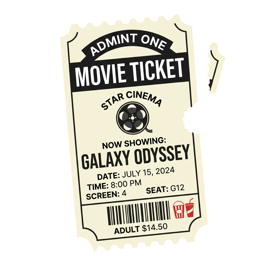 Movie ticket stub for Galaxy Odyssey showing date, time, seat, and price at Star Cinema
