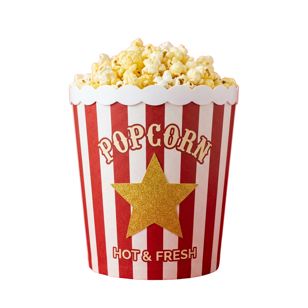 A red and white striped popcorn bucket filled with popcorn, labeled popcorn with a star and hot and fresh text