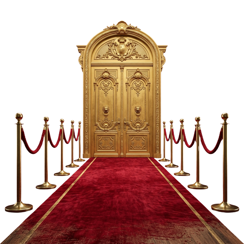 A grand golden double door with intricate designs, flanked by red velvet ropes on brass stanchions, leading up a red carpet.