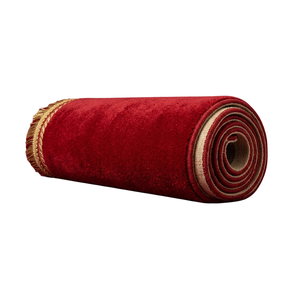 A rolled red velvet rug with gold fringe edges and a beige backing tube.