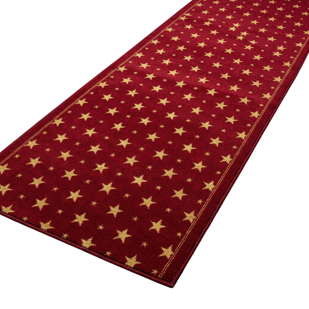 A red velvet runner rug with gold star pattern and bordered edges