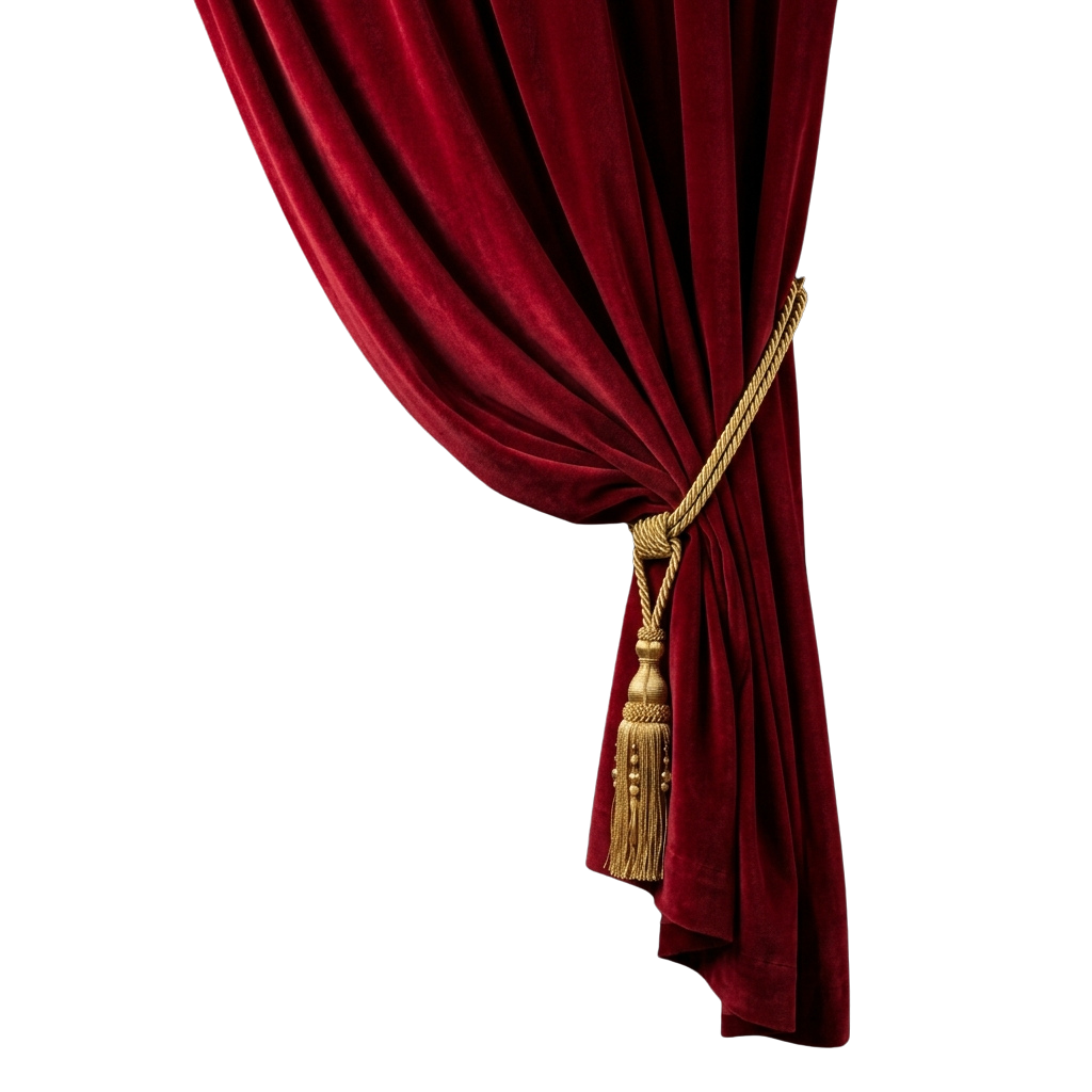 Close-up of rich red velvet curtain tied with a gold rope and tassel against a dark background