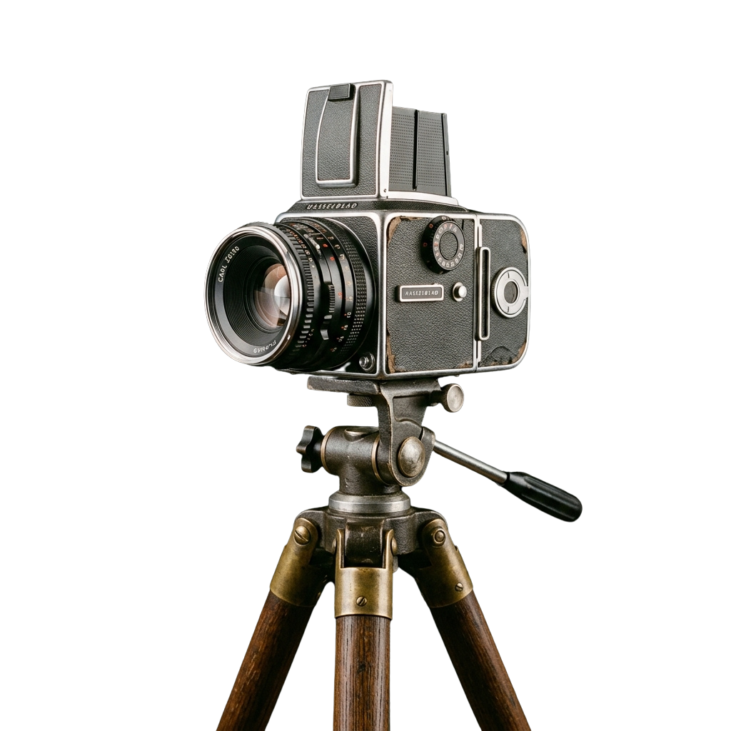 A classic large format camera mounted on a wooden tripod against a dark background