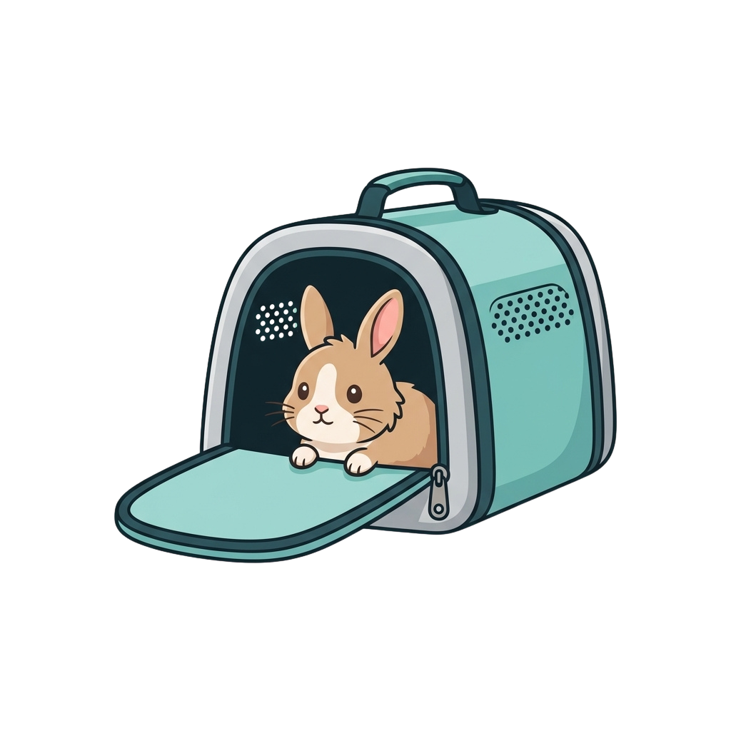 A light brown rabbit looking out of an open light blue pet carrier with a handle.