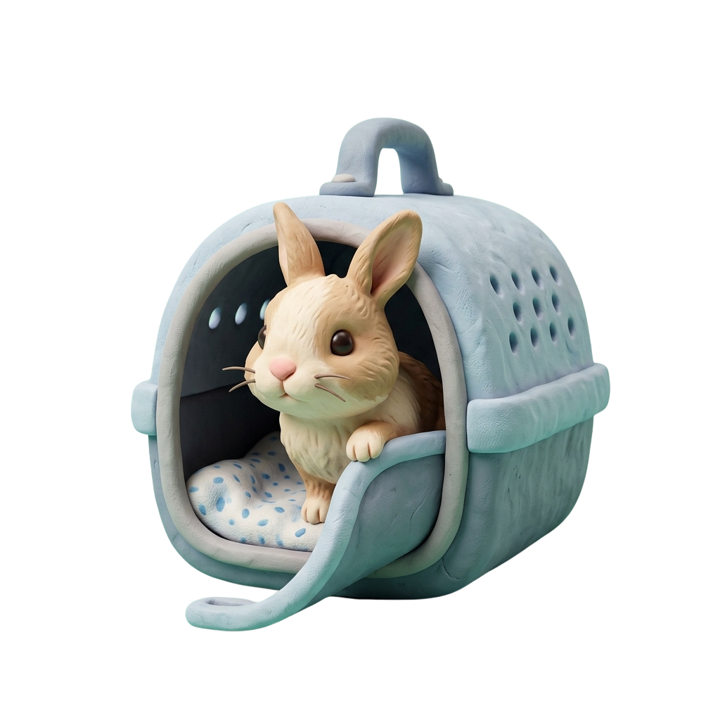 A light blue toy carrier cage with a small rabbit figurine peeking out from the open door
