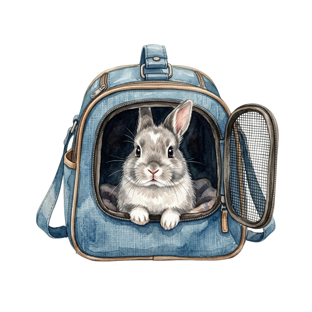 A small gray rabbit looking out from an open denim pet carrier bag