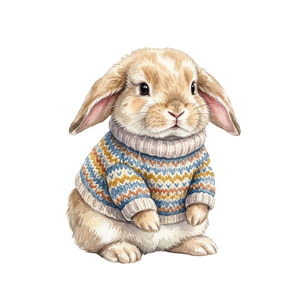 A light beige baby rabbit sitting and wearing a colorful knit sweater with geometric patterns
