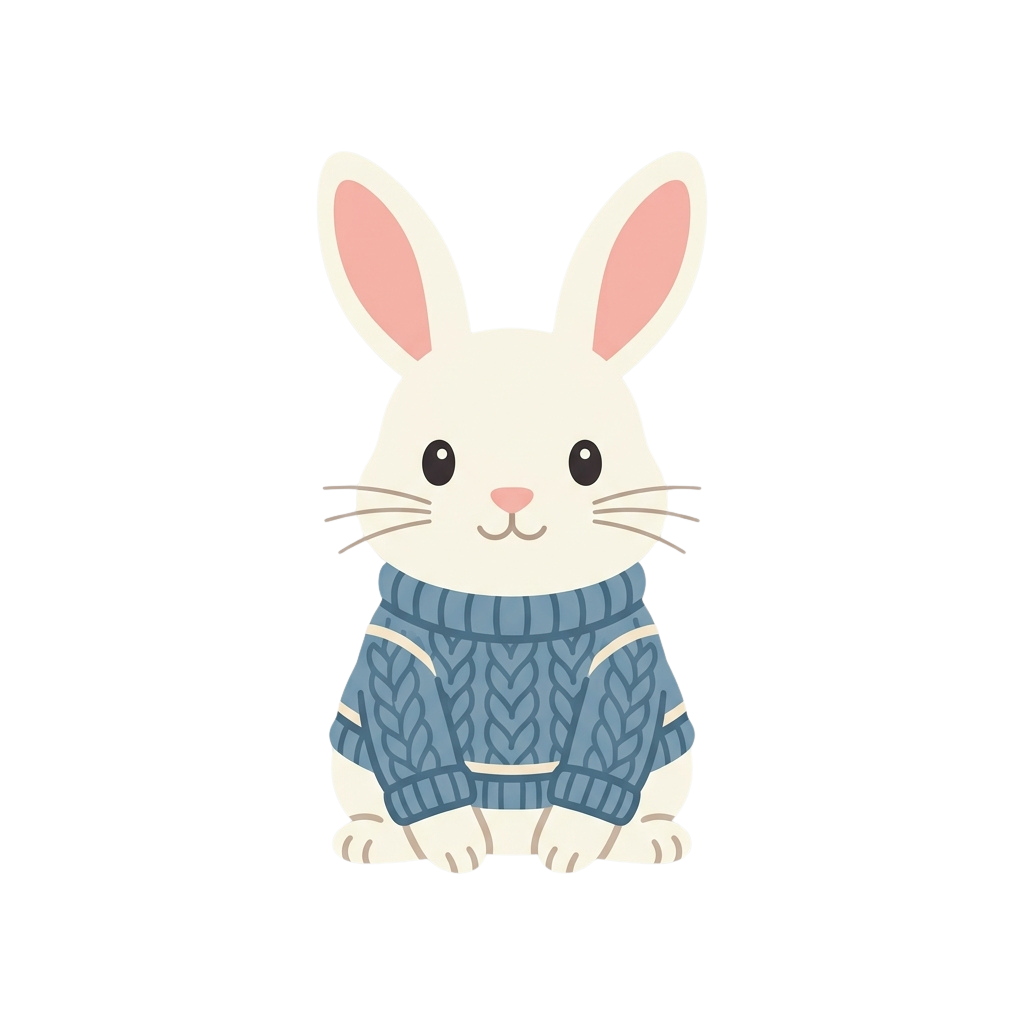 A white cartoon rabbit sitting and wearing a blue knitted sweater with a textured pattern