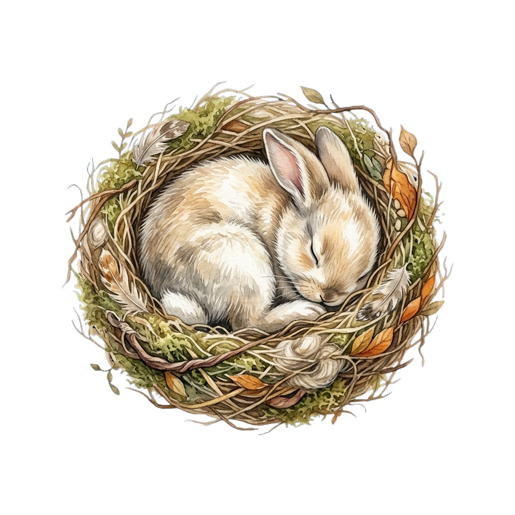 Two small bunnies sleeping together in a nest made of twigs, moss, and dried leaves