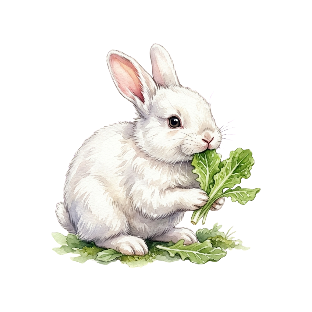 A white rabbit sitting and eating a green leafy vegetable on a dark background