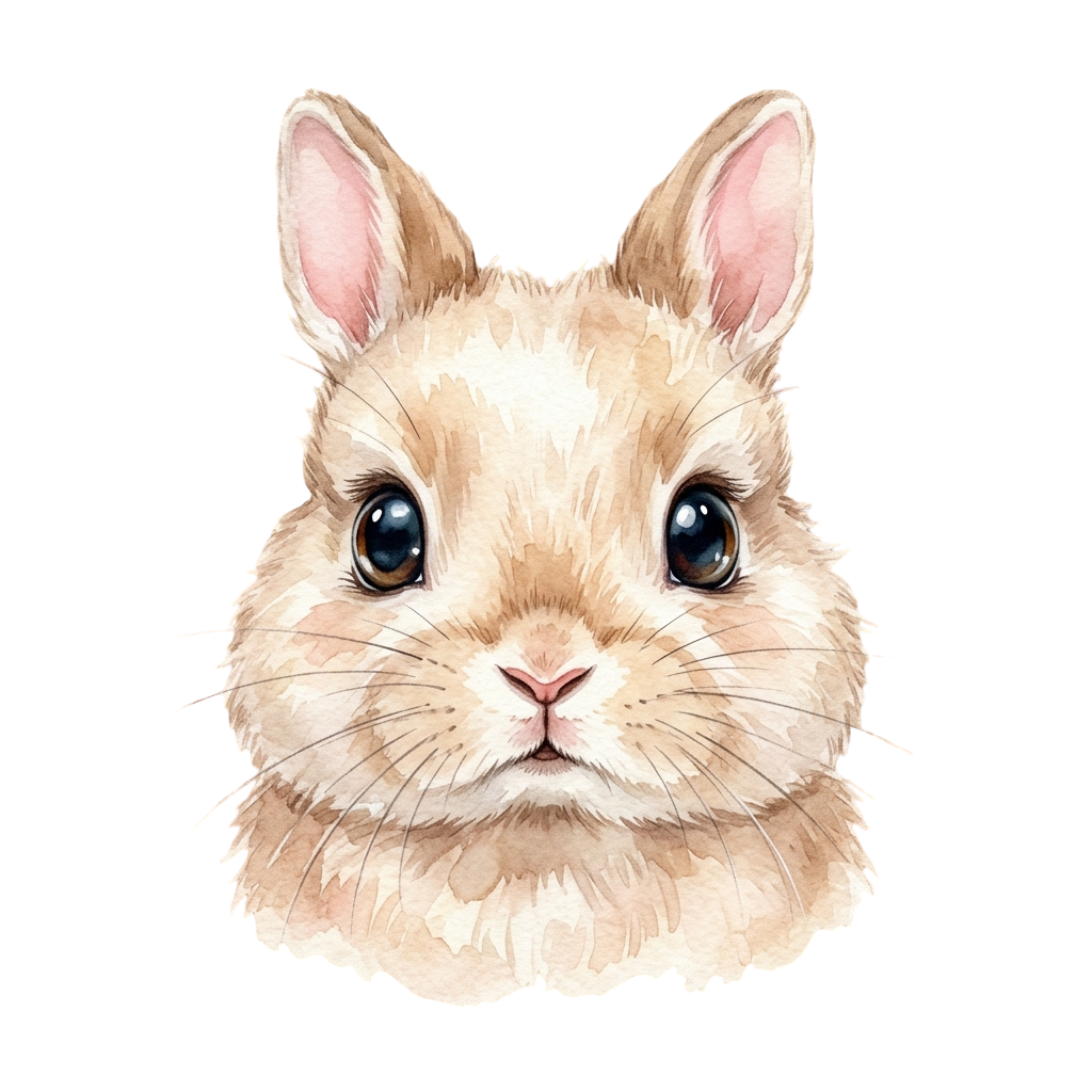 A stylized watercolor illustration of a light brown rabbit with large eyes and fluffy fur against a black background
